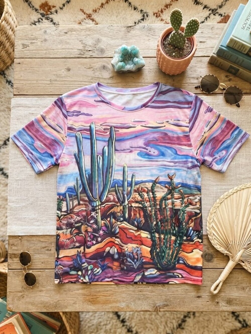 Abstract Desert Cactus Graphic Tee Sunset Pink Blue Casual Top XXL